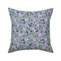 Funny happy frog pond sweet frogs friends english garden and river illustration lilies and leaves green mint white on lilac purple 