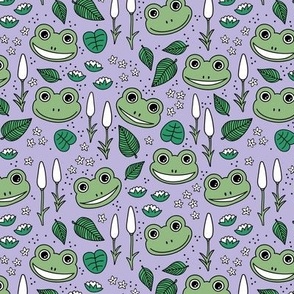Funny happy frog pond sweet frogs friends english garden and river illustration lilies and leaves green mint white on lilac purple 