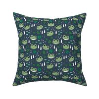 Funny happy frog pond sweet frogs friends english garden and river illustration lilies and leaves green mint white on navy blue night 