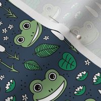 Funny happy frog pond sweet frogs friends english garden and river illustration lilies and leaves green mint white on navy blue night 
