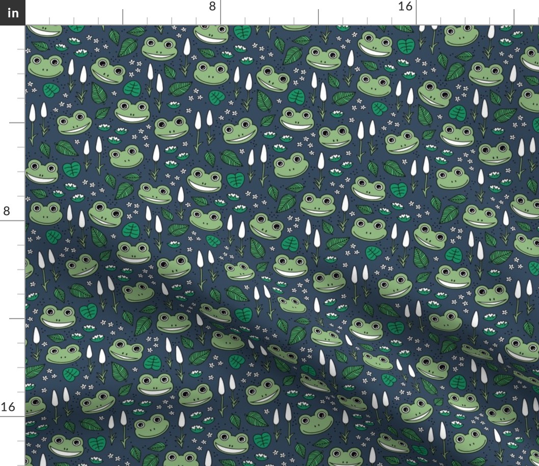 Funny happy frog pond sweet frogs friends english garden and river illustration lilies and leaves green mint white on navy blue night 