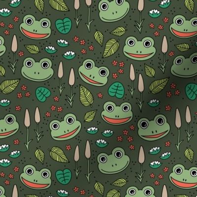 Funny happy frog pond sweet frogs friends english garden and river illustration lilies and leaves green mint white blue red on cameo green 