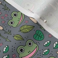 Funny happy frog pond sweet frogs friends english garden and river illustration lilies and leaves green pink on gray girls 