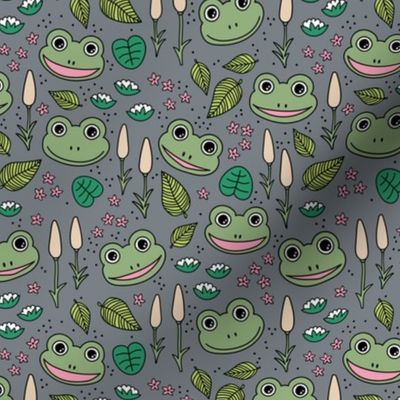 Funny happy frog pond sweet frogs friends english garden and river illustration lilies and leaves green pink on gray girls 