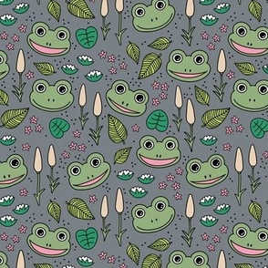 Funny happy frog pond sweet frogs friends english garden and river illustration lilies and leaves green pink on gray girls 