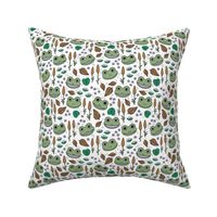 Funny happy frog pond sweet frogs friends english garden and river illustration lilies and leaves green lilac burnt orange on white 