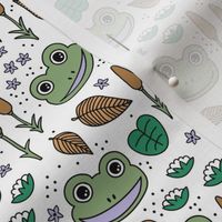 Funny happy frog pond sweet frogs friends english garden and river illustration lilies and leaves green lilac burnt orange on white 