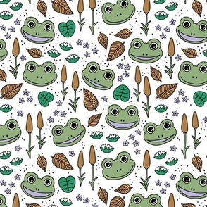 Funny happy frog pond sweet frogs friends english garden and river illustration lilies and leaves green lilac burnt orange on white 