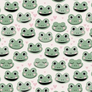 Cute blushing frogs and hearts kawaii style kids frog design for sprint summer soft pastel sage green pink on cream