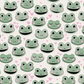 Cute blushing frogs and hearts kawaii style kids frog design for sprint summer soft pastel sage green pink on ivory