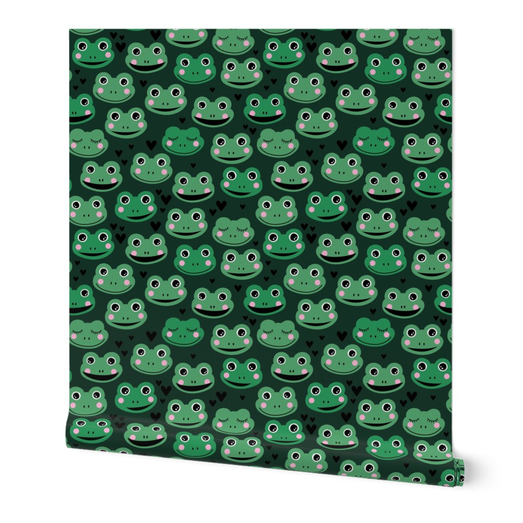 Cute blushing frogs and hearts kawaii style kids frog design for sprint summer on forest green apple