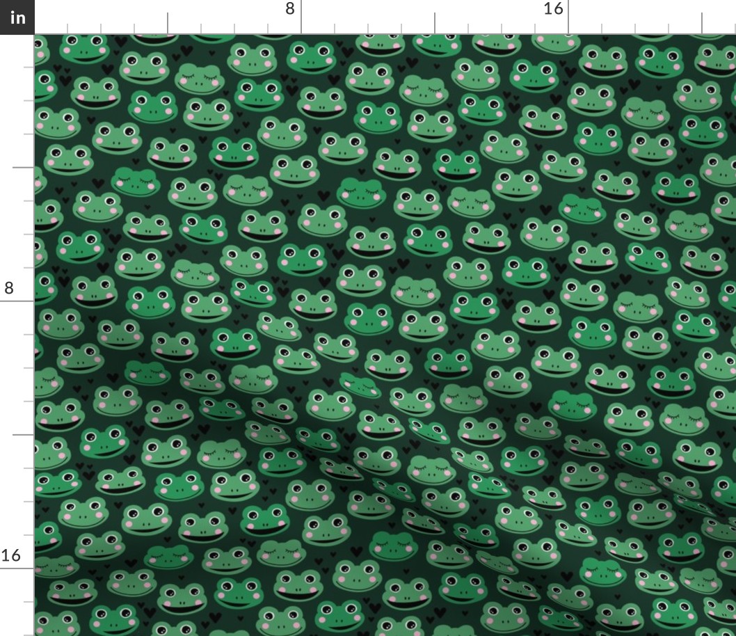 Cute blushing frogs and hearts kawaii style kids frog design for sprint summer on forest green apple