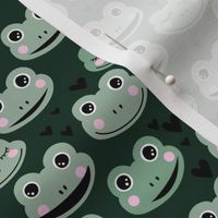 Cute blushing frogs and hearts kawaii style kids frog design for sprint summer on forest green black and sage