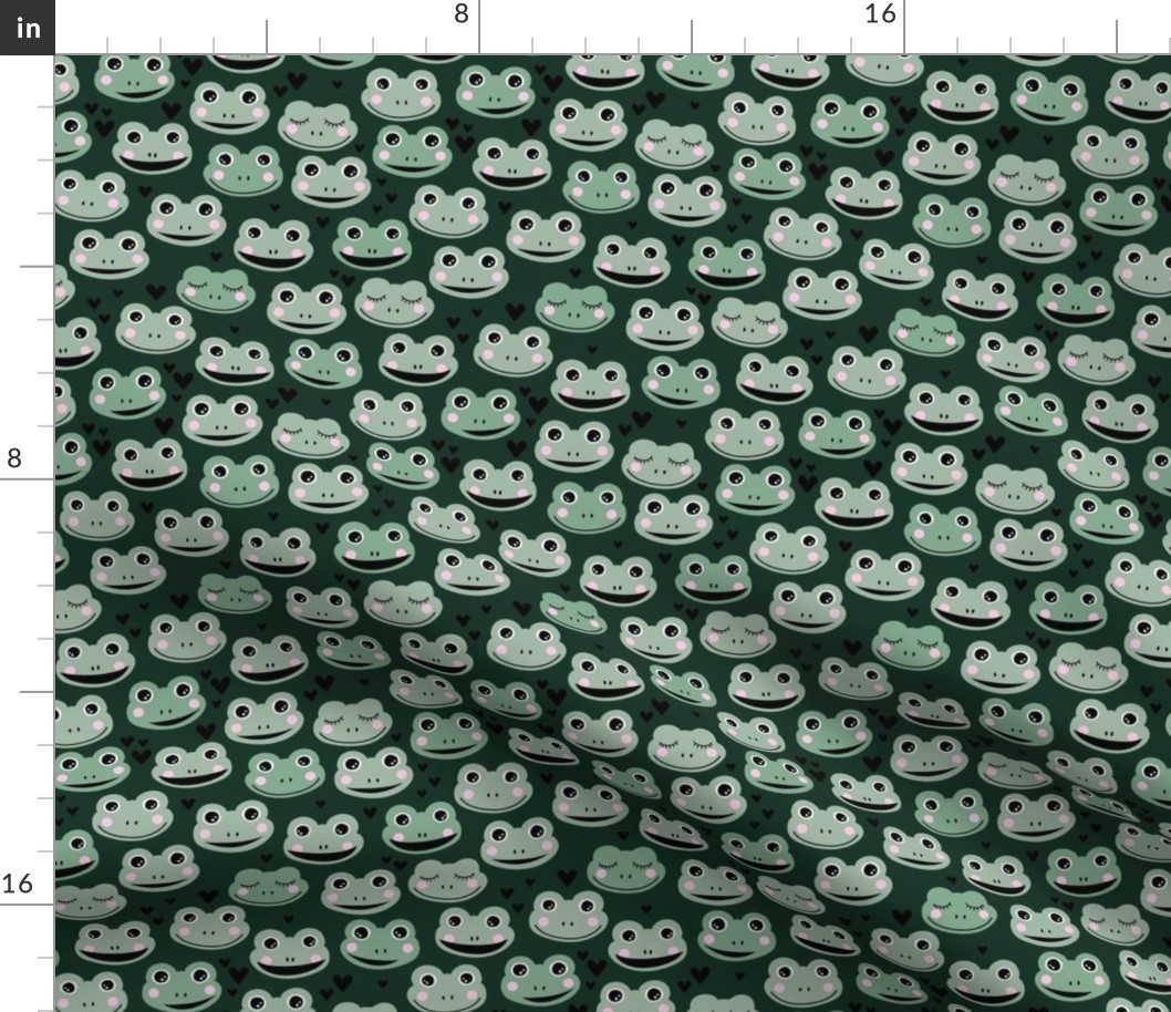 Cute blushing frogs and hearts kawaii style kids frog design for sprint summer on forest green black and sage