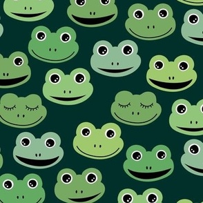Happy frogs sweet kawaii style kids frog design spring summer animals neutral green palette on deep green