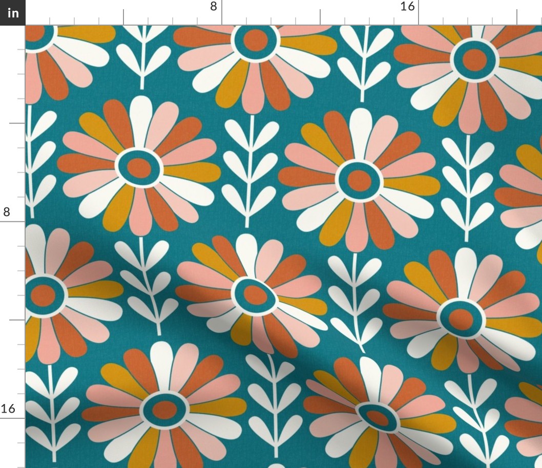 Coming Up Daisies - Retro Floral - Boho Teal Large Scale