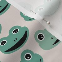 Happy frogs sweet kawaii style kids frog design spring summer animals neutral eucalyptus green palette on sand 