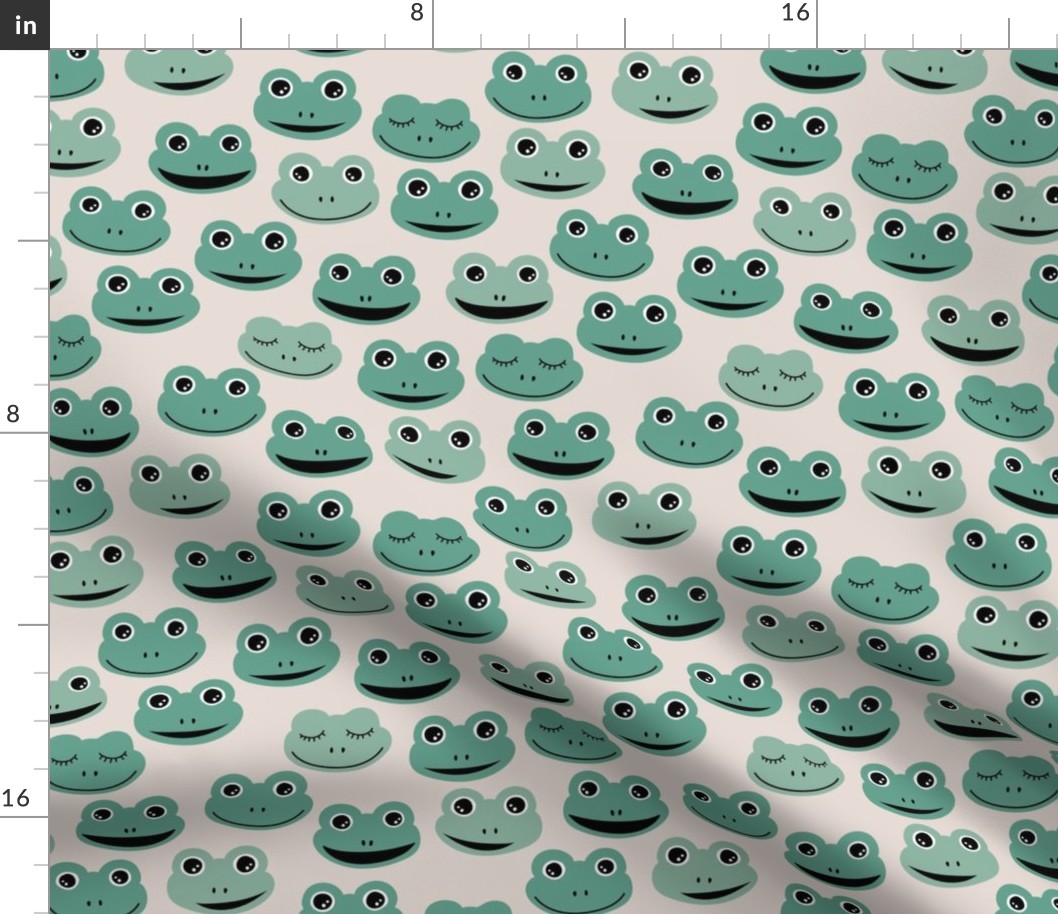 Happy frogs sweet kawaii style kids frog design spring summer animals neutral eucalyptus green palette on sand 