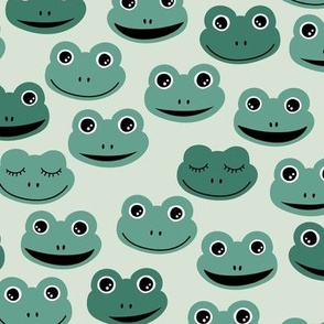 Happy frogs sweet kawaii style kids frog design spring summer animals neutral eucalyptus green palette on mist green