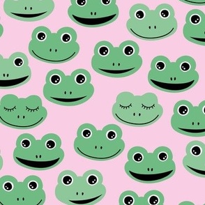 Happy frogs sweet kawaii style kids frog design spring summer animals girls apple mint green palette on soft pink 