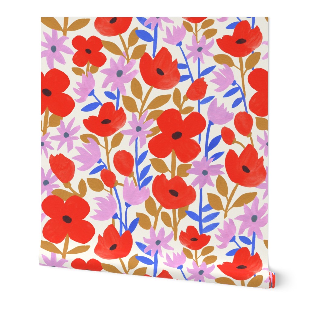 Red and Purple Flowers | Large | Hand-Painted Floral with Red Lavender Gold Blue