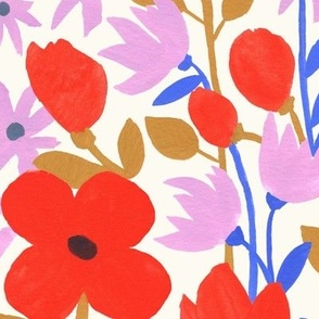 Red and Purple Flowers | Large | Hand-Painted Floral with Red Lavender Gold Blue