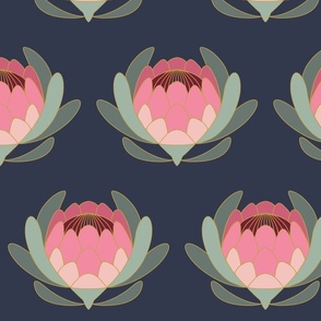 Protea Art Deco Flowers on Navy (large scale)
