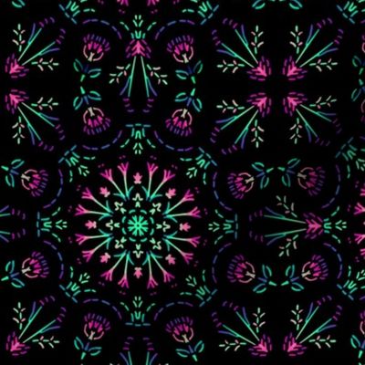 Kaleidscope Nosegay Flowers in Neon Colors on Black