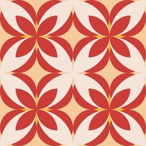 004 - Medium scale modern geometric stylized floral frangipani in Buttery Yellow, Cream and Warm Red, for retro wallpaper, vintage duvet covers, unisex decor and table cloths.