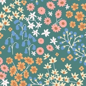 Happy Indie garden flowers in green, orange, pink and blue large scale