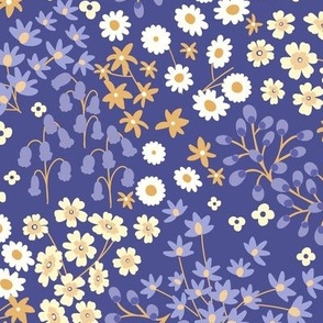 Happy Indie garden flowers in purple, gold, yellow, violet and white large scale