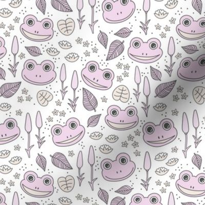 Funny happy frog pond sweet frogs friends english garden and river illustration lilies and leaves pastel lilac pink on white 