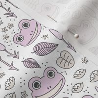 Funny happy frog pond sweet frogs friends english garden and river illustration lilies and leaves pastel lilac pink on white 