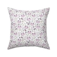 Funny happy frog pond sweet frogs friends english garden and river illustration lilies and leaves pastel lilac pink on white 