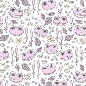 Funny happy frog pond sweet frogs friends english garden and river illustration lilies and leaves pastel lilac pink on white 