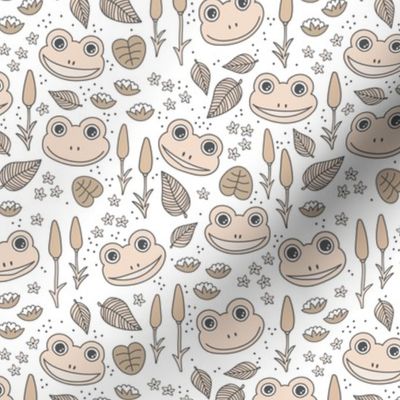 Funny happy frog pond sweet frogs friends english garden and river illustration lilies and leaves pastel beige sand cream neutral on white 