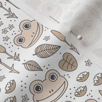 Funny happy frog pond sweet frogs friends english garden and river illustration lilies and leaves pastel beige sand cream neutral on white 