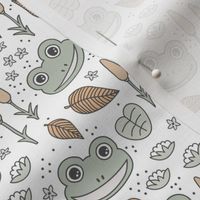 Funny happy frog pond sweet frogs friends english garden and river illustration lilies and leaves pastel beige sage green on white neutral 