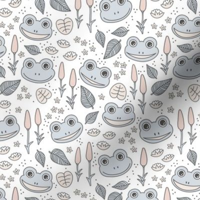 Funny happy frog pond sweet frogs friends english garden and river illustration lilies and leaves pastel beige gray cool baby blue on white 