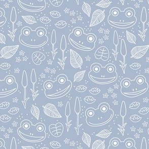 Minimalist frogs and river side plants leaves lilies cute kawaii kids design freehand outline white on blue 