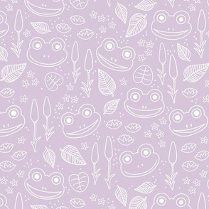 Minimalist frogs and river side plants leaves lilies cute kawaii kids design freehand outline white on pastel pink 