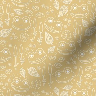 Minimalist summer frogs and river side plants leaves lilies cute kawaii kids design freehand outline white on mustard yellow ochre