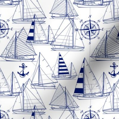 Small Scale / Sailboats / Dark blue on White Background