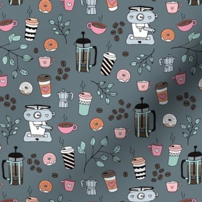 Barista coffee break illustration pattern with to go cups coffee beans leaves and donuts  pink blue on cool charcoal gray 