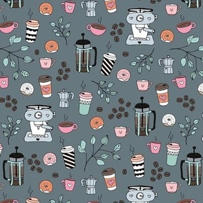 Barista coffee break illustration pattern with to go cups coffee beans leaves and donuts  pink blue on cool charcoal gray 