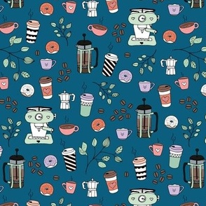 Barista coffee break illustration pattern with to go cups coffee beans leaves and donuts mint green lilac orange on navy blue 