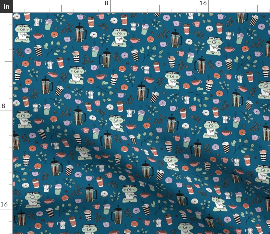 Barista coffee break illustration pattern with to go cups coffee beans leaves and donuts mint green lilac orange on navy blue 
