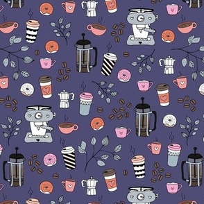 Barista coffee break illustration pattern with to go cups coffee beans leaves and donuts gray pink orange on deep purple 