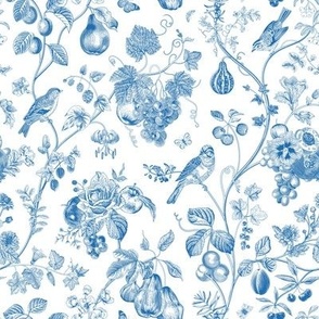Fruit and flowers. Chinoiserie inspired. Blue and white 
