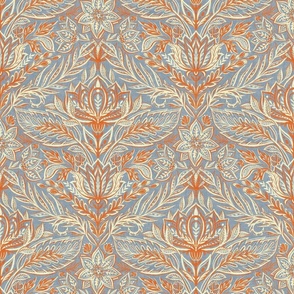 Stylized Botanical Damask in Soft Blue, Coral Red and Cream - medium